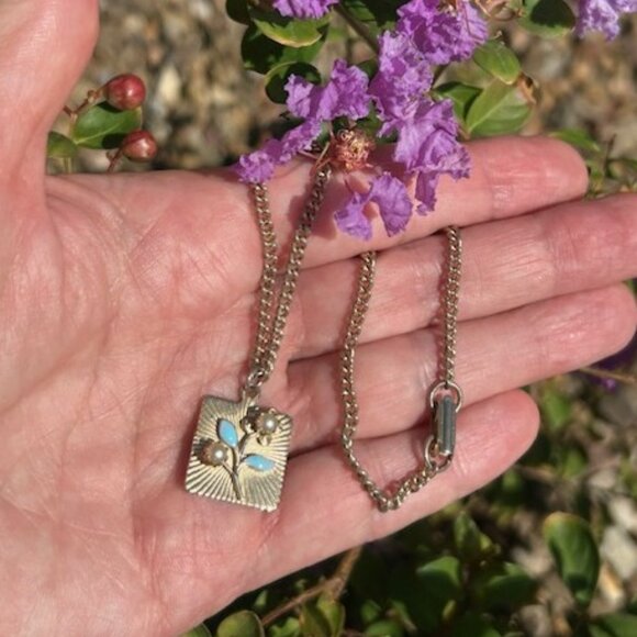 EMMONS Blue Enamel Pearl Flower Gold Choker NECKLACE - Picture 5 of 11